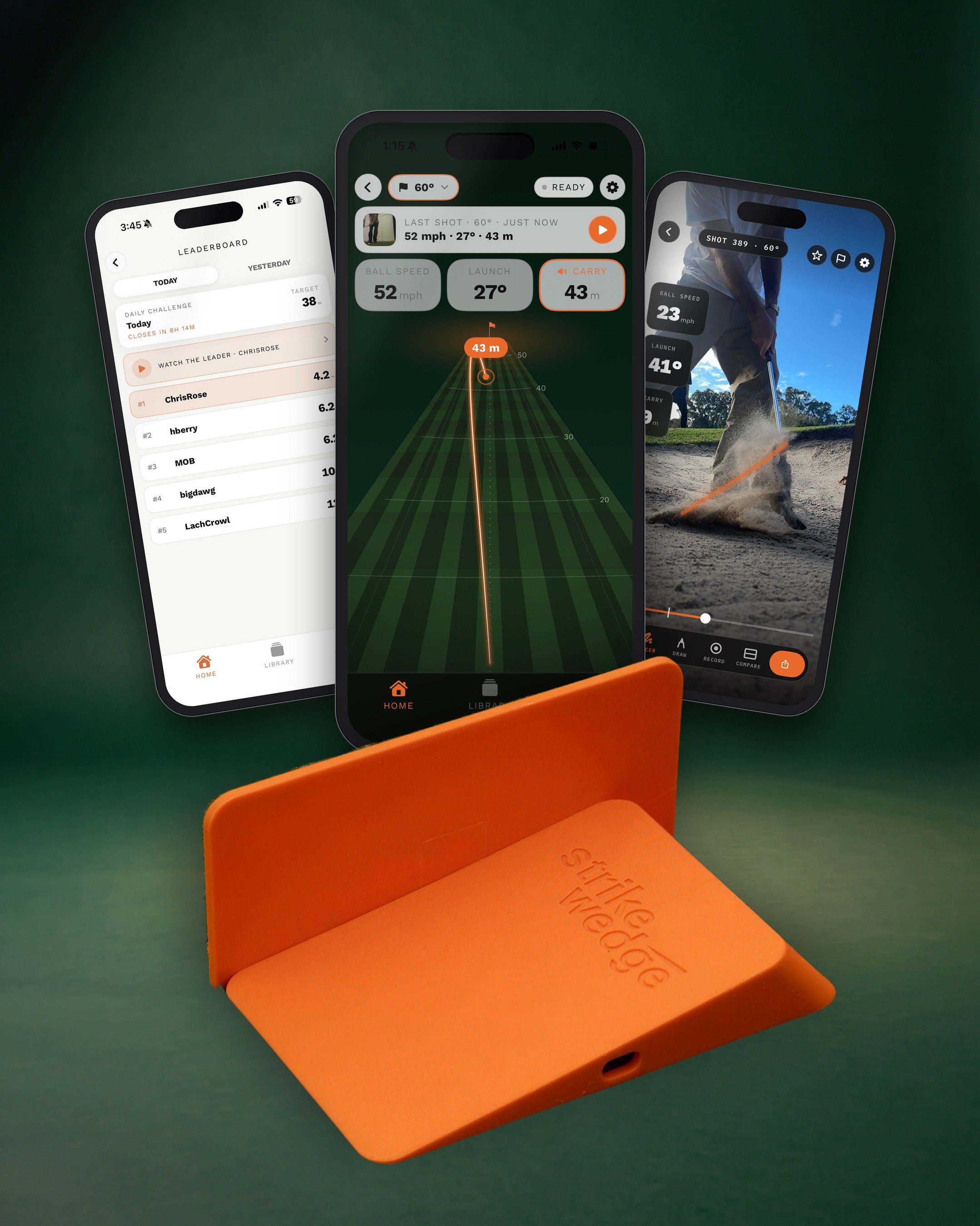 The Strike Wedge with its side wall in front of three phones running Strike Wedge Launch: the range readout with ball speed, launch and carry, the Daily Challenge leaderboard and the slow-motion replay