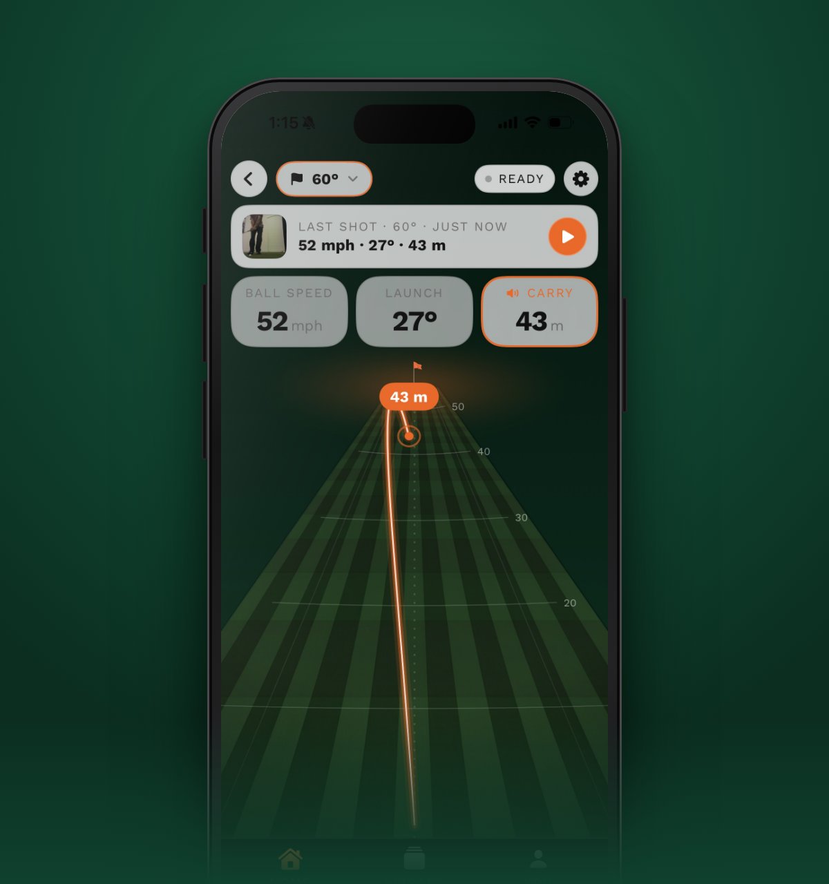 Strike Wedge Launch range screen showing ball speed, launch and carry